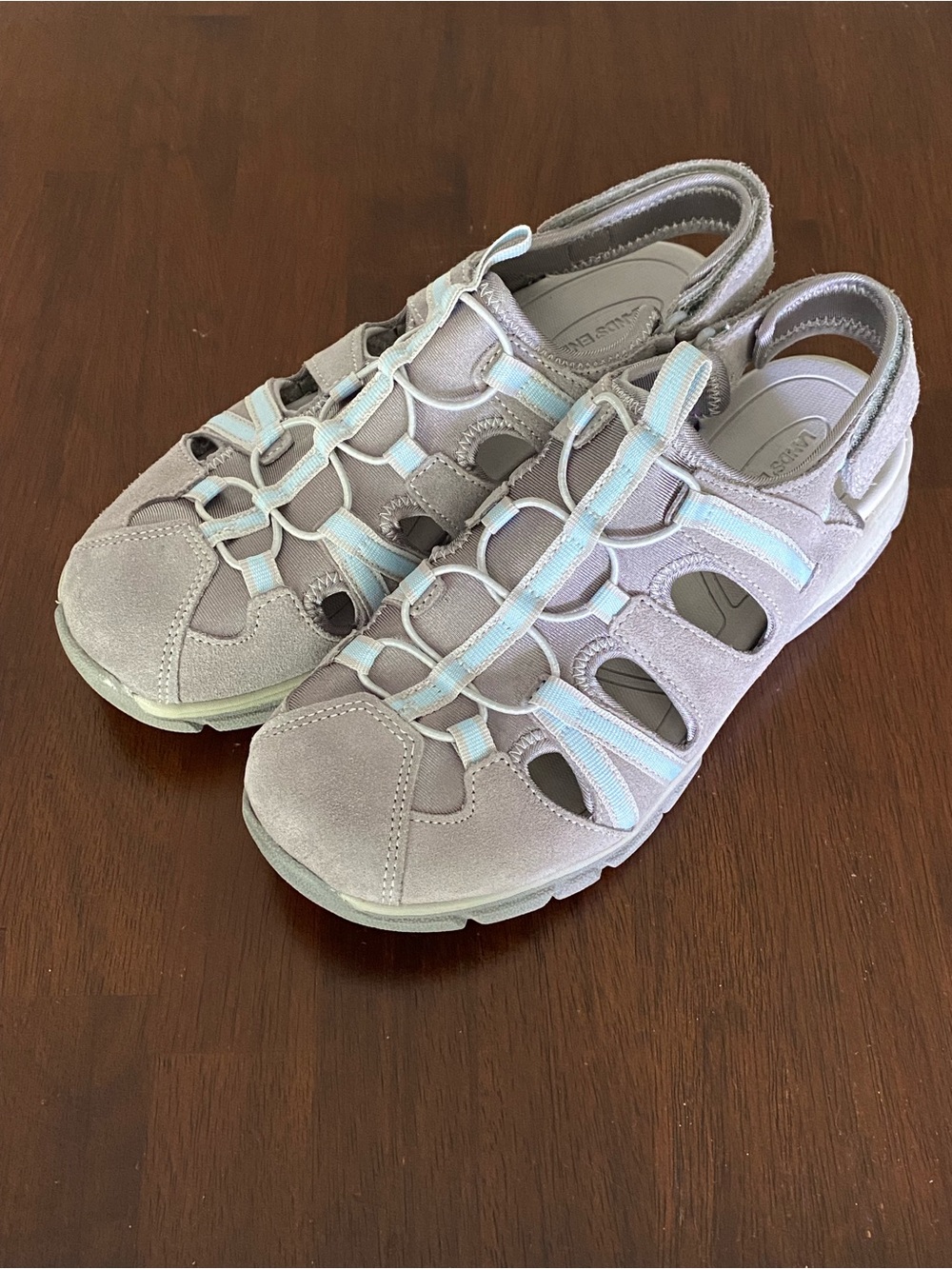 Lands End Gray Suede Blue Trim Hiking Sandals Trail Shoes Women SZ 8B
